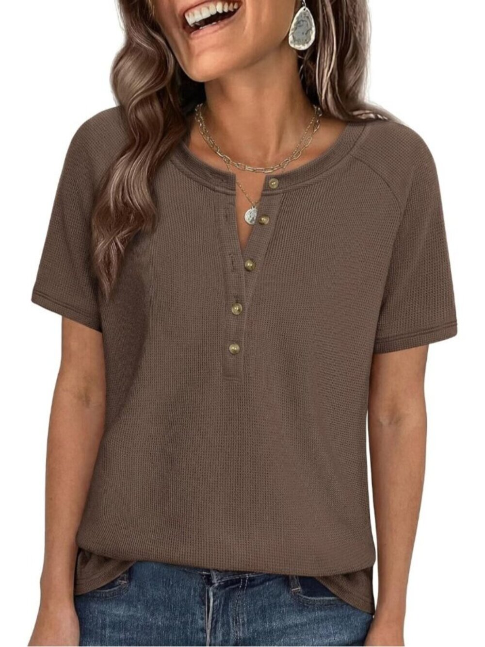 Women's Coffee Short Sleeve Henley Shirts Summer Blouses Dressy Casual